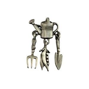 Vintage Signed JJ Pewter Watering Can Dangled Flower Brooch Pin Fork Shovel Corn